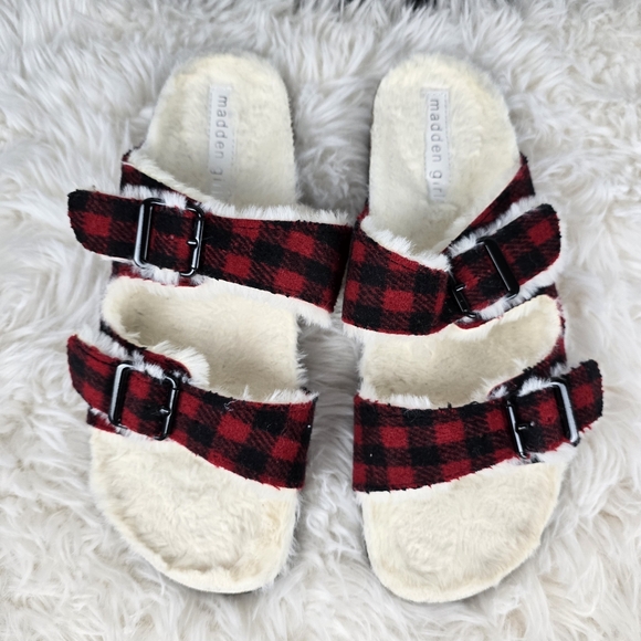 Madden Girl Plaid Faux Fur Slide Sandals - Picture 2 of 13